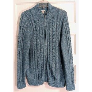 LL Bean Cardigan Sweater Wn 1X Teal Long Chunky Cable Knit Fisherman Grandma